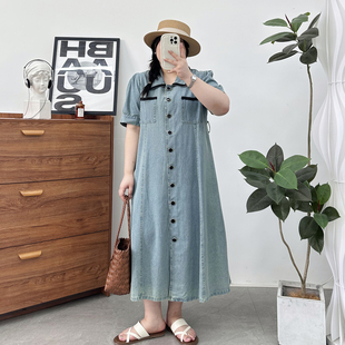胖mm收腰显瘦撞色长裙 大码 女装 复古POLO领正肩短袖 牛仔连衣裙夏季