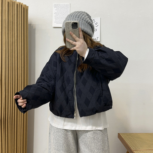 宛宛大码短款棉衣外套女秋冬胖MM菱形格加棉棒球服小个子棉服上衣