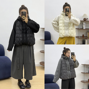 宛宛大码 90白鸭绒羽绒服连帽秋冬保暖拼接毛呢外套 胖mm200斤短款