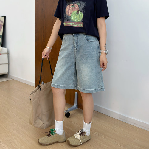 宛宛大码蓝高腰牛仔短裤女夏季胖mm显瘦梨形身材宽松阔腿五分中裤