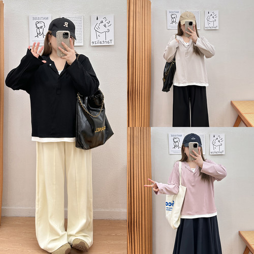 宛宛大码女装设计感假两件宽松长袖T恤秋季胖mm显瘦上衣打底衫女