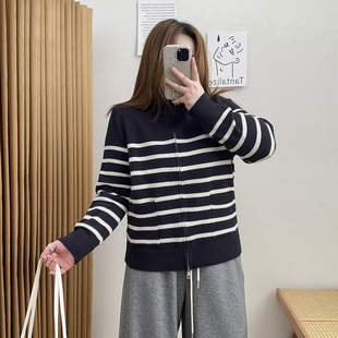 显瘦双拉链条纹上衣 胖mm立领针织开衫 宛宛大码 毛衣外套女秋冬新款