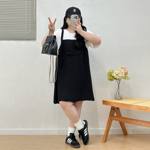 宛宛大码胖MM假两件背带裙女夏季显瘦收腰遮肚子减龄学院风连衣裙