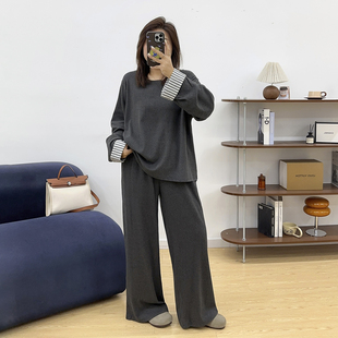 休闲宽松显瘦慵懒风阔腿长裤 宛宛大码 胖mm拼接长袖 新款 两件套 秋季
