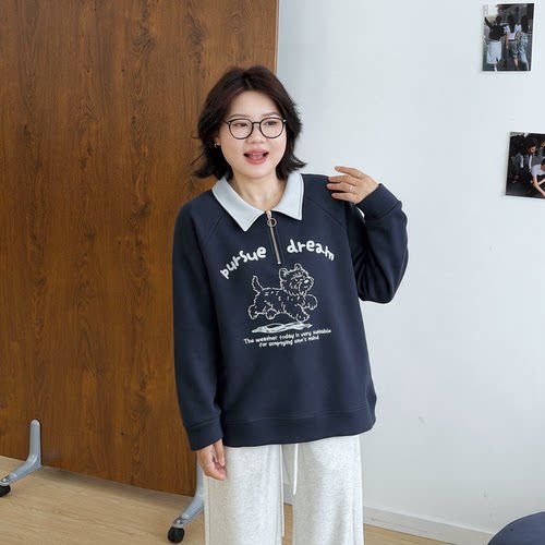 宛宛大码女装Polo领半拉链卫衣女春秋新款胖mm翻领宽松显瘦上衣潮