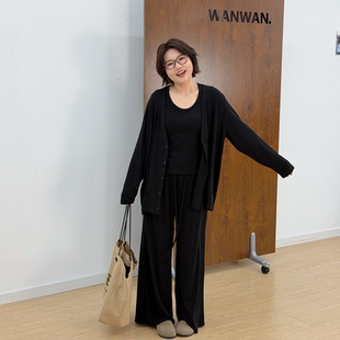 宛宛大码女装微胖mm早秋款针织开衫背心垂感高腰长款阔腿裤三件套