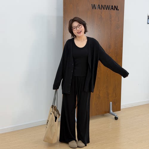 宛宛大码女装微胖mm早秋款针织开衫背心垂感高腰长款阔腿裤三件套