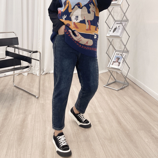 弹力街头宽松显瘦直筒加厚哈伦裤 加绒牛仔裤 冬季 高腰老爹裤 女大码