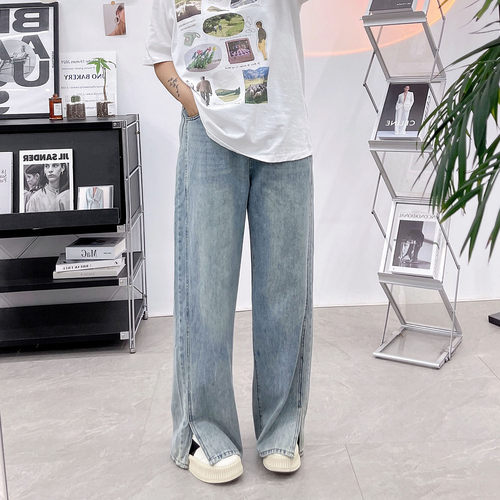 高腰宽松直筒开叉阔腿裤