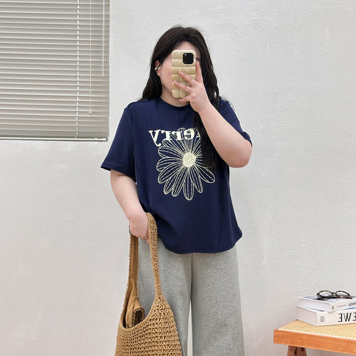 宛宛大码胖MM小雏菊印花T恤女夏短袖显瘦遮肉宽松休闲上衣甜美款