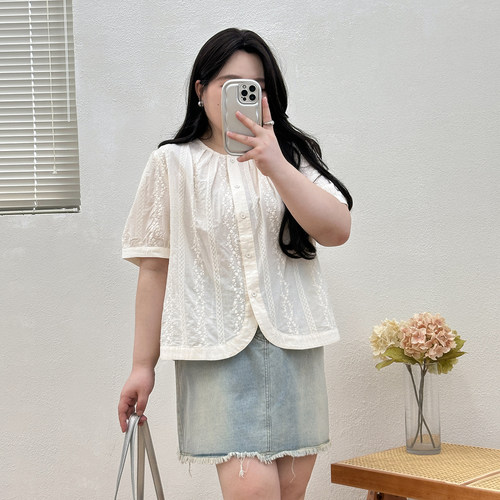 宛宛大码女装设计感蕾丝花边v领短袖衬衫夏季胖mm巨显瘦小衫上衣