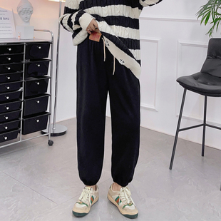 子胖mm学生秋冬抽绳阔腿运动裤 大码 宽松束脚裤 女冬季 加绒加厚卫裤