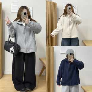 胖mm百搭显瘦上衣外套 宽松拉链连帽加厚绒卫衣女冬季 宛宛大码 女装