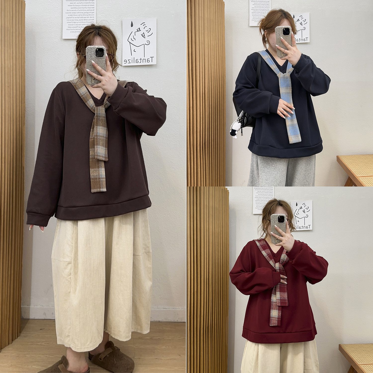 设计感格子连帽披肩卫衣