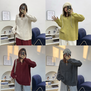 宛宛大码 宽松胖mm慵懒风休闲翻领毛衣外套女 秋冬高领拉链针织开衫