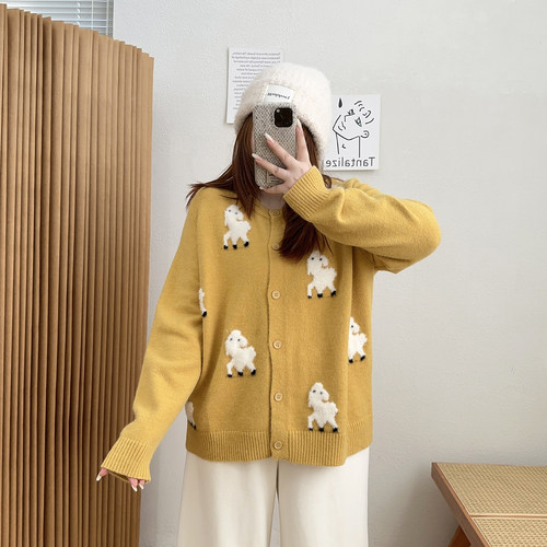 宛宛大码女装秋冬季卡通提花宽松慵懒针织开衫毛衣胖mm显瘦上衣潮