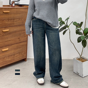 胖mm高腰显瘦梨形身材宽松直筒裤 大码 女秋季 复古蓝阔腿牛仔裤 美式
