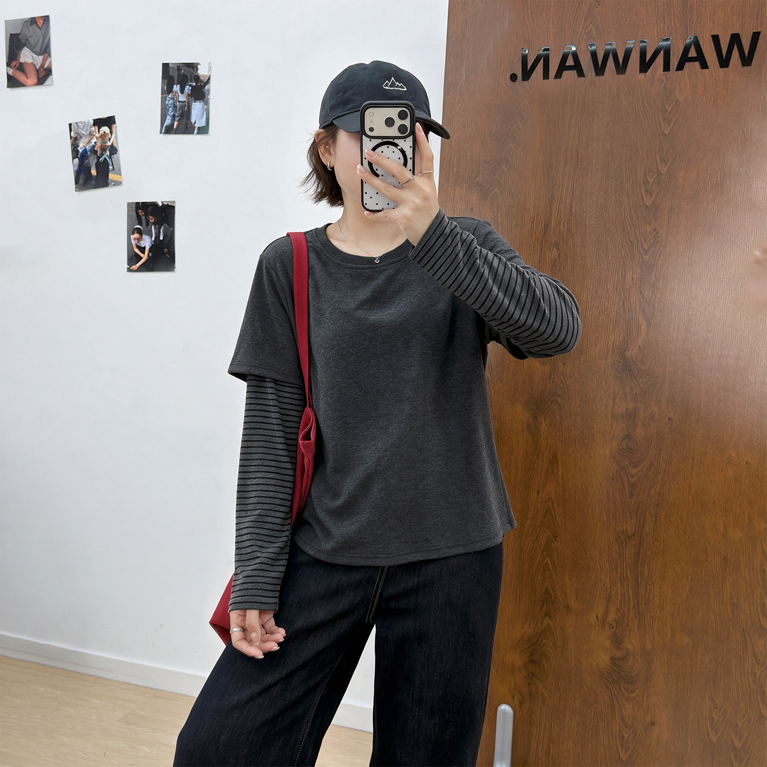 宛宛大码韩系chic条纹长袖t恤女秋季新款胖mm显瘦宽松假两件上衣