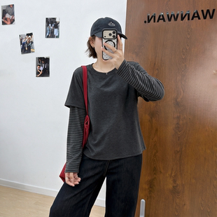 宛宛大码韩系chic条纹长袖t恤女秋季新款胖mm显瘦宽松假两件上衣
