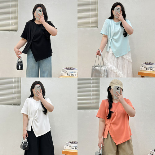 宛宛大码胖MM高弹太空棉T恤女夏短袖显瘦遮肉修身款百搭基础上衣