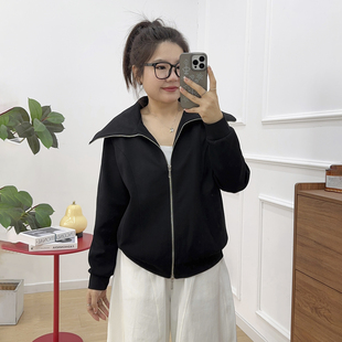 新款 早春季 胖MM简约拉链翻领外套女宽松百搭休闲上衣 女装 宛宛大码