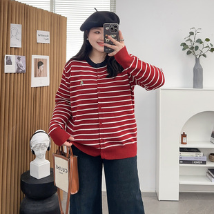 胖mm宽松遮肚显瘦内搭外穿上衣 女秋冬新款 大码 条纹慵懒毛衣针织衫