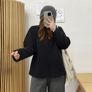 宛宛大码 内胆上衣胖mm拉链卫衣 女秋冬立领摇粒绒外套纯色保暖开衫