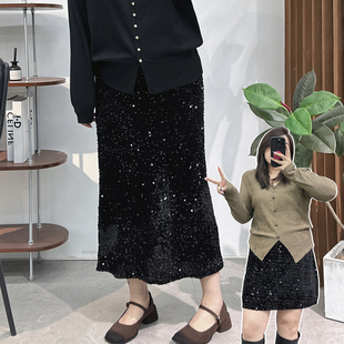 大码 胖mm亮闪闪显瘦高腰遮胯开叉包臀长裙 亮片裙半身裙女2024新款