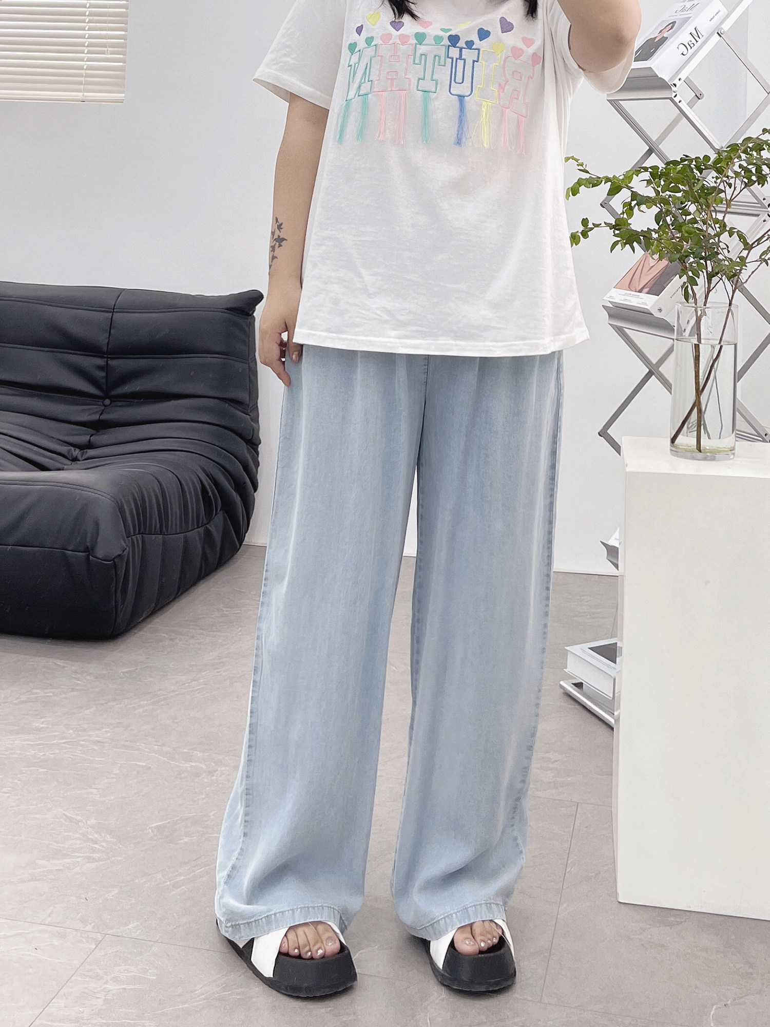 TENCEL JEANS WOMENS SUMMER THIN HIGH-WAIST FAT MM LARGE SIZE THIN ICE OXYGEN BAR DRAPED ICE SILK WIDE-LEG SLACKS