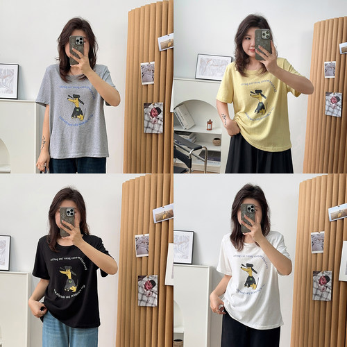 宛宛大码女装胖mm夏季新款韩系正肩t恤卡通小狗显瘦百搭短袖上衣