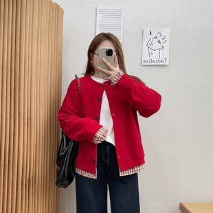 遮肚子韩系胖mm开衫 宛宛大码 新款 假两件圆领卫衣外套秋季 上衣 女装