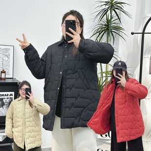 胖妹mm翻领菱形格棉衣 秋冬外套2024年新款 大码 棉服200斤女中长款