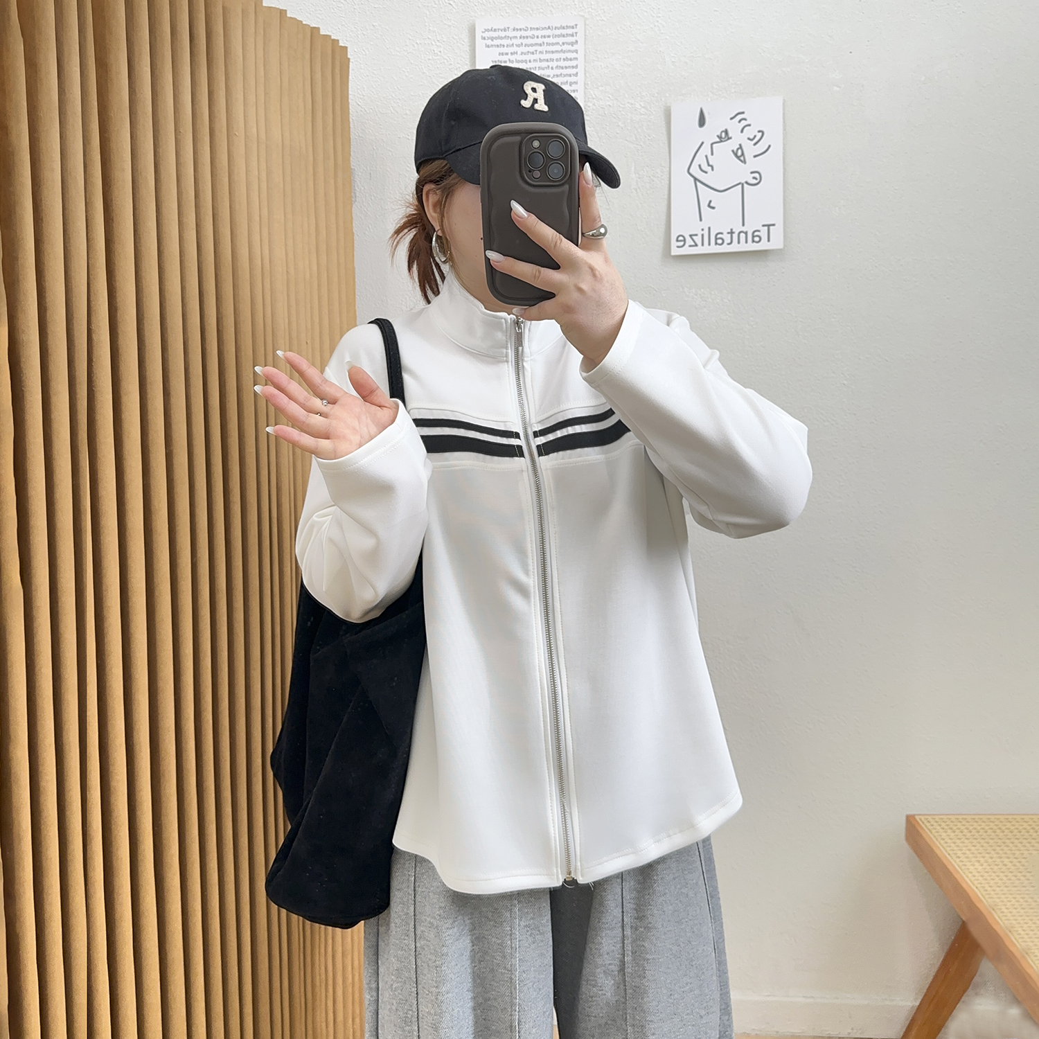 宛宛家立领撞色拼条休闲上衣
