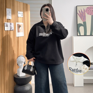 胖mm大码 字母印花卫衣加绒女秋冬慵懒风显瘦半拉链外套 polo领美式