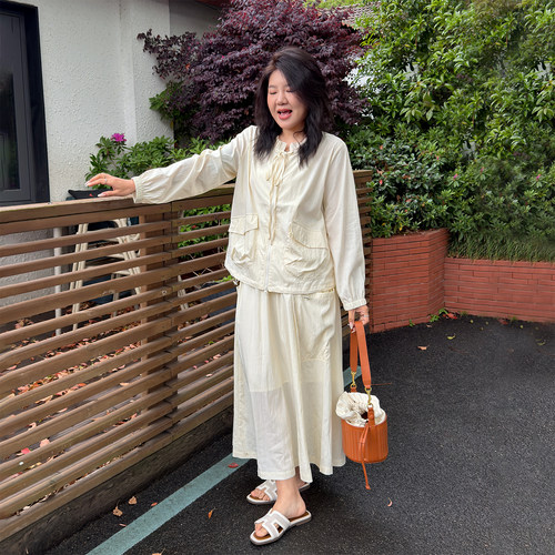 宛宛大码女装长袖宽松休闲防晒衬衫胖MM高腰长款半身裙时尚两件套