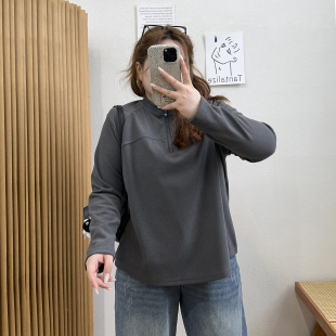 女秋冬季 t恤打底衫 宽松简约立领上衣 胖MM德绒半拉链长袖 宛宛大码