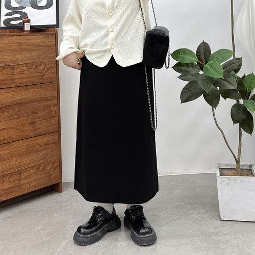 长直筒高腰开叉半身裙