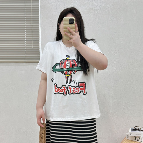 宛宛大码胖MM印花短袖T恤女夏宽松显瘦遮肚子透气上衣百搭休闲潮