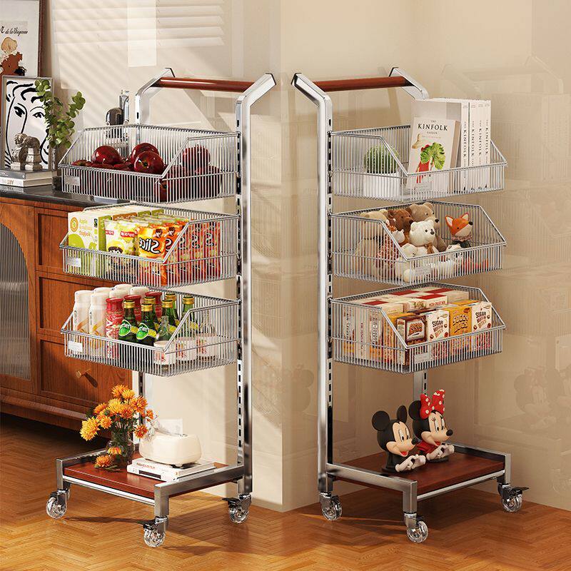 中古风实木小推车多层移动零食置物架手推车带轮厨房果蔬收纳篮子