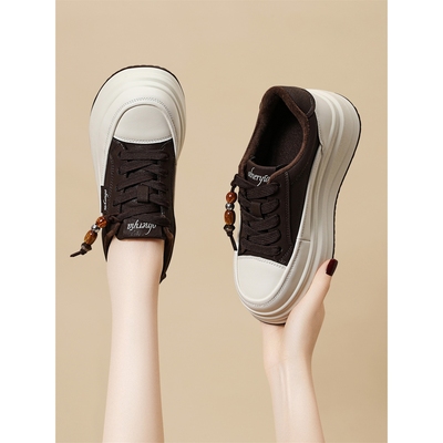 真皮巨好看增高厚底鞋女2025新款配阔腿裤松糕鞋休闲板鞋女鞋冬季