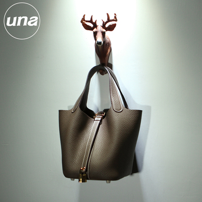 【Una高定】蜡线缝制丨全钢五金TC皮大象灰18cm小号菜篮子包女包