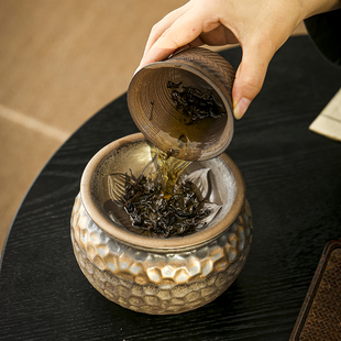 复古粗陶桌面茶渣缸水盂建水茶洗废水垃圾桶大号带盖过滤干湿分离