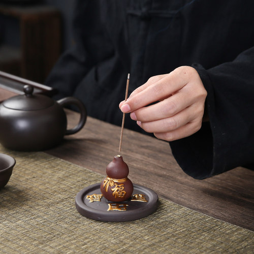 招财紫砂迷你葫芦线香炉家用室内