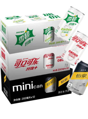 迷你纤维可乐雪碧怡泉苏打水200ml*12罐碳酸饮料mini无糖可口可乐