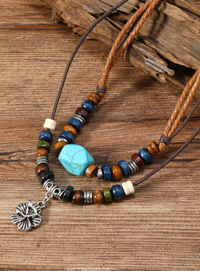 欧美新款复古风合金花朵吊坠绿松石木珠串珠项链女士双层编织项饰