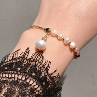 韩版 不规则巴洛克淡水真珍珠碧玺色简洁手串手链手饰品 韩式