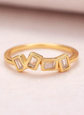 跨境热卖S925纯银几何长方形镂空镶钻轻奢气质戒指欧美风网红指环