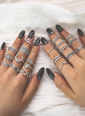 跨境热销戒指 欧美时尚镶钻宽版图案 个性爱心树叶开口23件套装女