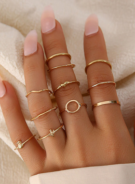 跨境热销戒指 欧美时尚O字波纹简约素圈戒指组合11件套厂家直销