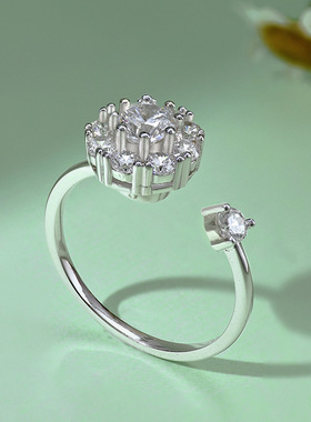 S925纯银戒指女可旋转解压镶嵌锆石花朵造型开口时尚百搭感戒指